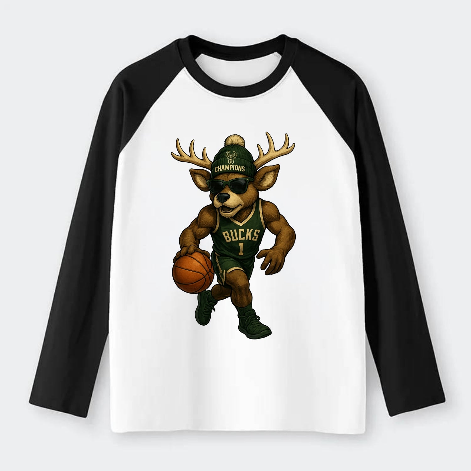 Milwaukee Buck Deer wearing Bucks green and cream beanie with antlers - Raglan Long Sleeve T-Shirt - Black