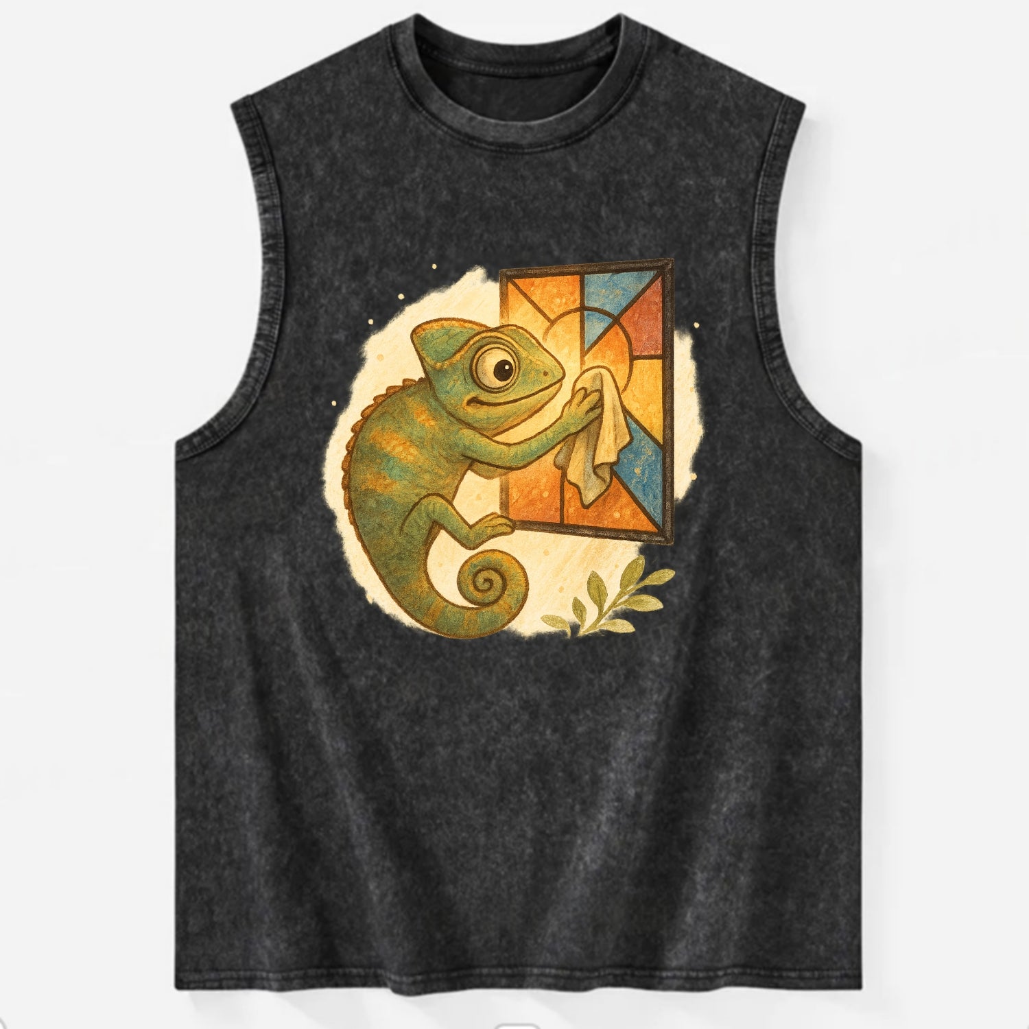Chameleon blending into a stained-glass window it is polishing with delicate - Vintage Washed Tank - Black