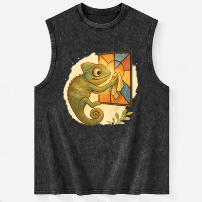 Chameleon blending into a stained-glass window it is polishing with delicate - Vintage Washed Tank - Black