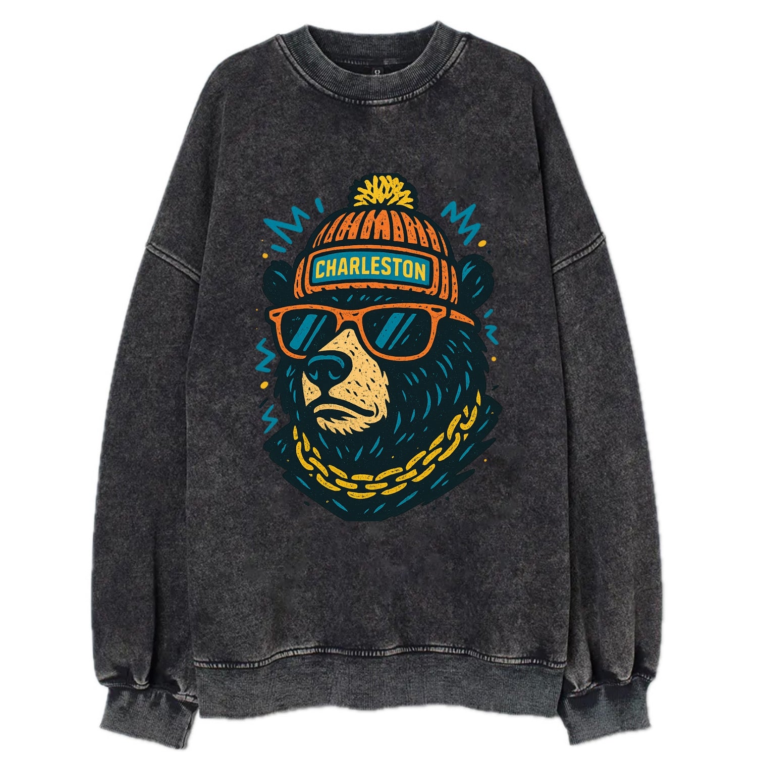 West Virginia Black Bear wearing Charleston beanie with pom pom and wayfarer - Vintage Sweatshirt - Black
