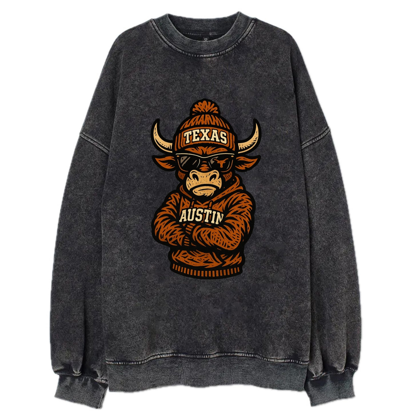 Austin Bevo wearing Texas beanie with longhorn patch - Vintage Sweatshirt - Black