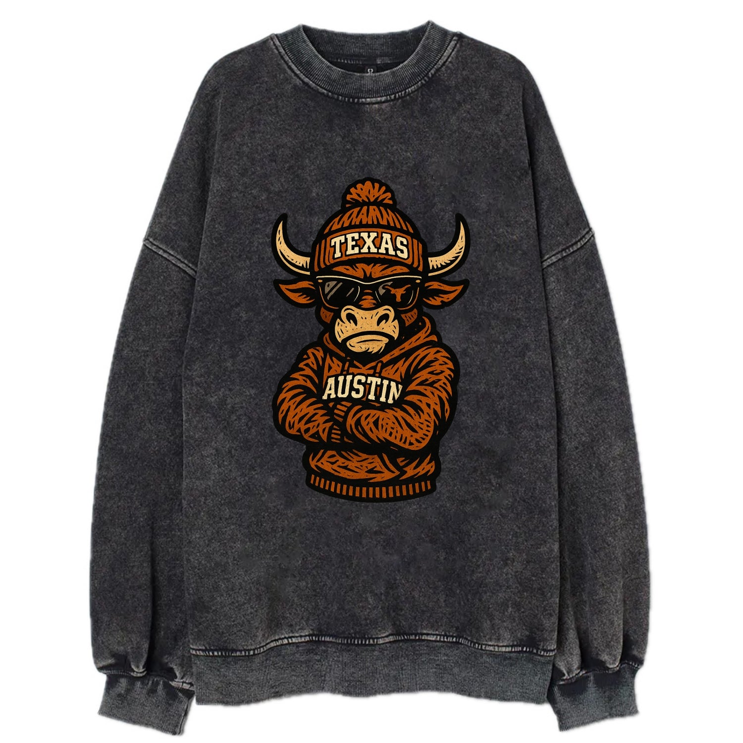 Austin Bevo wearing Texas beanie with longhorn patch - Vintage Sweatshirt - Black