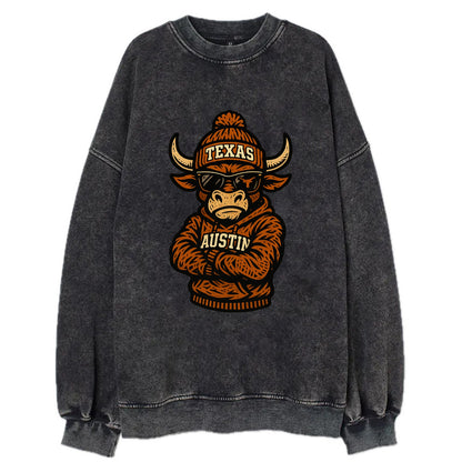 Austin Bevo wearing Texas beanie with longhorn patch - Vintage Sweatshirt - Black