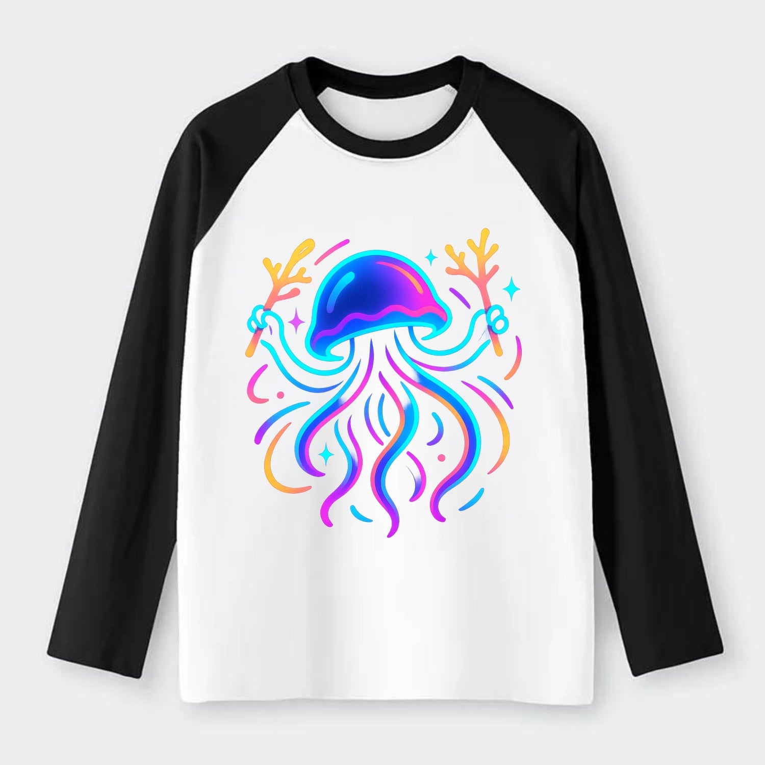 Jellyfish conducting a glow orchestra using coral batons in deep ocean - Raglan Long Sleeve T-Shirt - Black