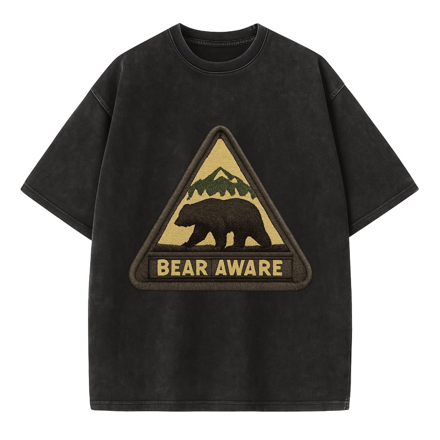 BEAR AWARE - bear silhouette warning in brown and yellow , wilderness safety - Vintage T-shirt - Black