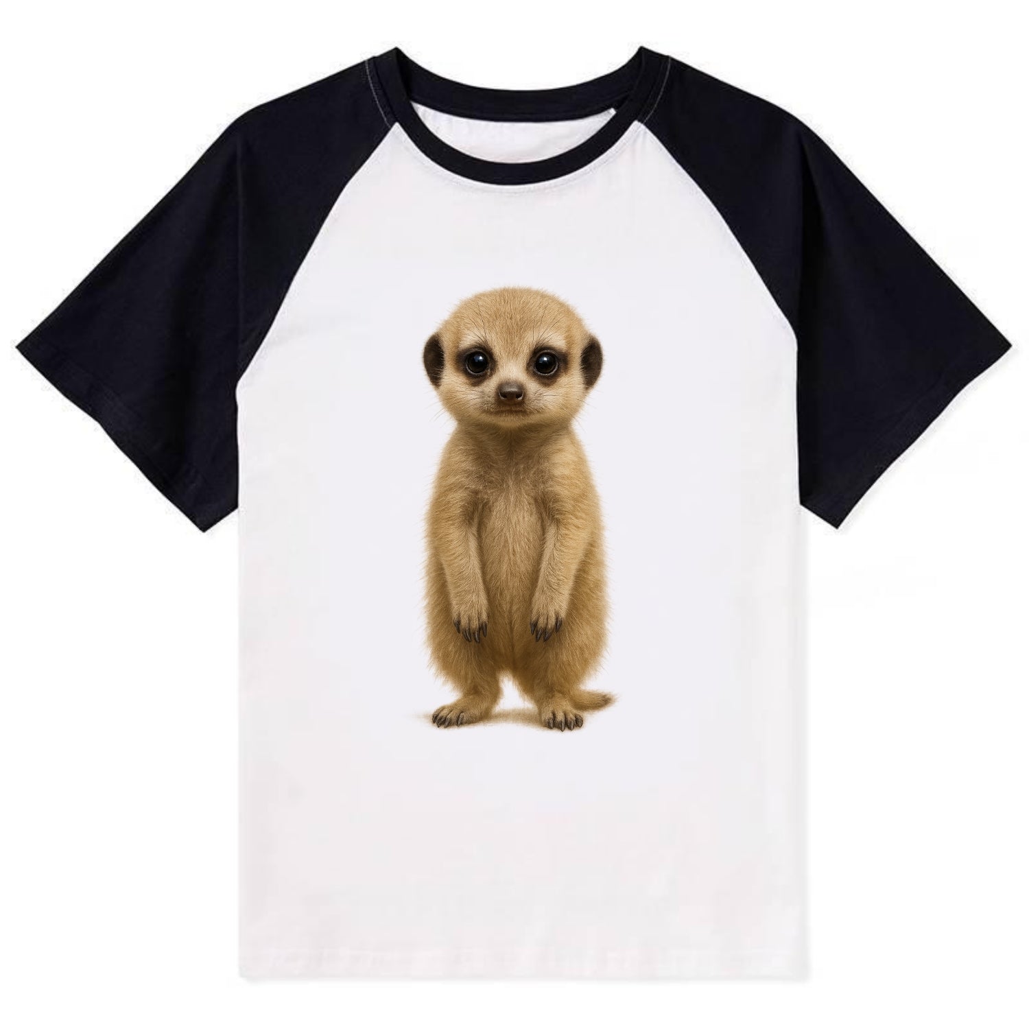 Baby Meerkat - tan fur, dark eye patches, alert stance, bright eyes, - Contrast Raglan T-shirt - Black
