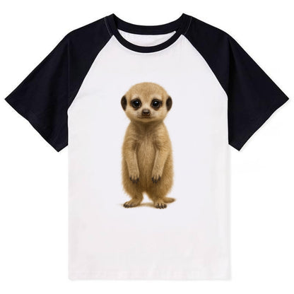 Baby Meerkat - tan fur, dark eye patches, alert stance, bright eyes, - Contrast Raglan T-shirt - Black
