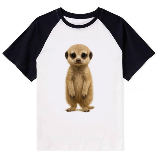 Baby Meerkat - tan fur, dark eye patches, alert stance, bright eyes, - Contrast Raglan T-shirt - Black