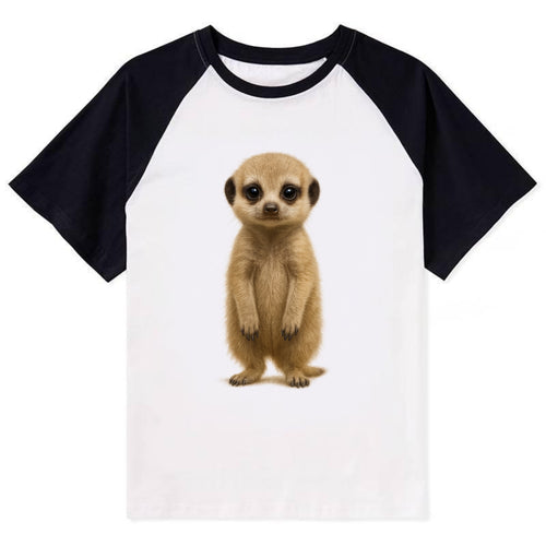 Baby Meerkat - tan fur, dark eye patches, alert stance, bright eyes, - Contrast Raglan T-shirt