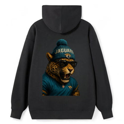 Jacksonville Jaguar wearing Jaguars teal and gold beanie with pom pom and - Classic Pullover Hoodie - Black