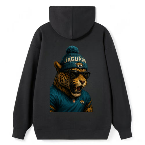 Jacksonville Jaguar wearing Jaguars teal and gold beanie with pom pom and - Classic Pullover Hoodie