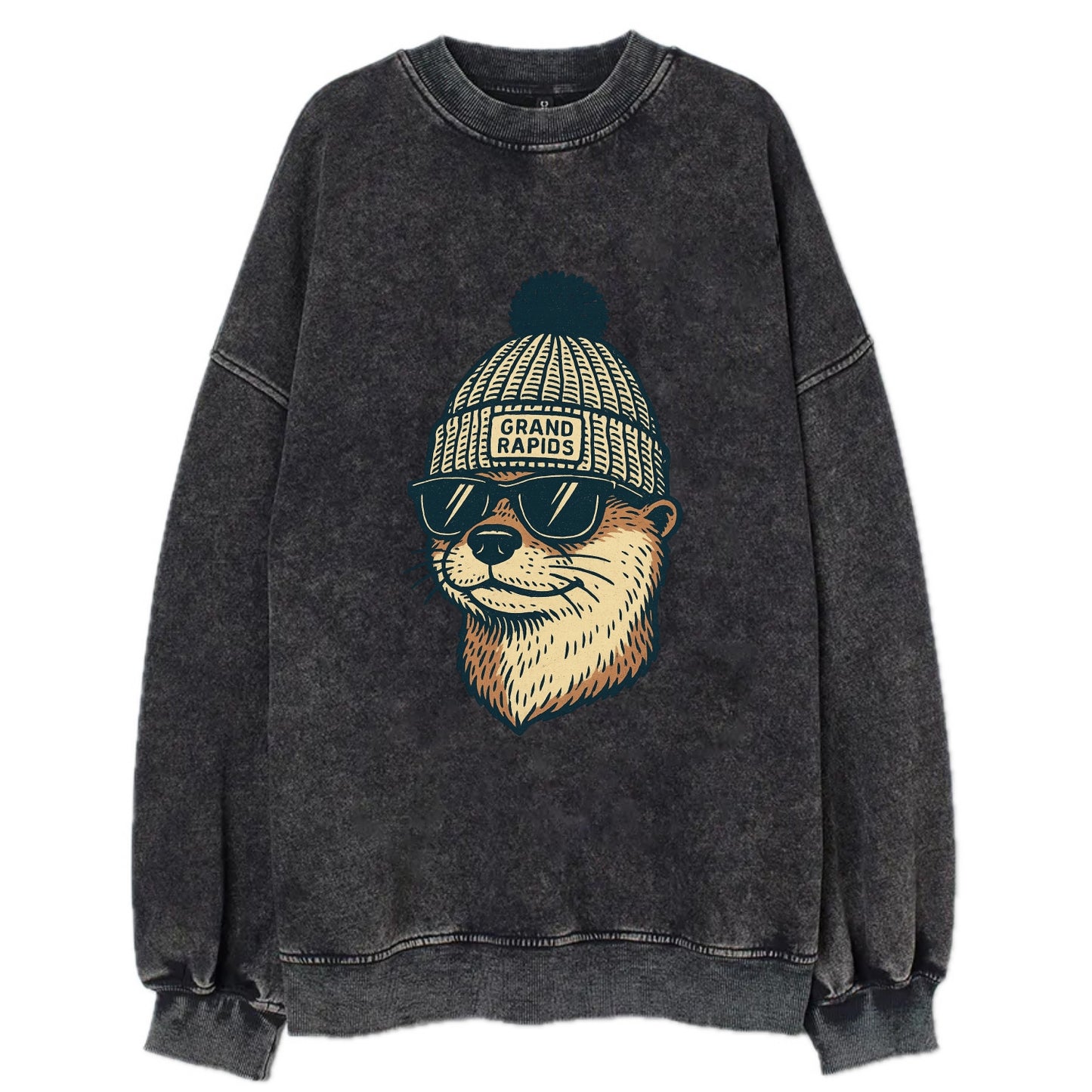 Grand Rapids River Otter wearing Grand Rapids beanie with pom pom and wayfarer - Vintage Sweatshirt - Black