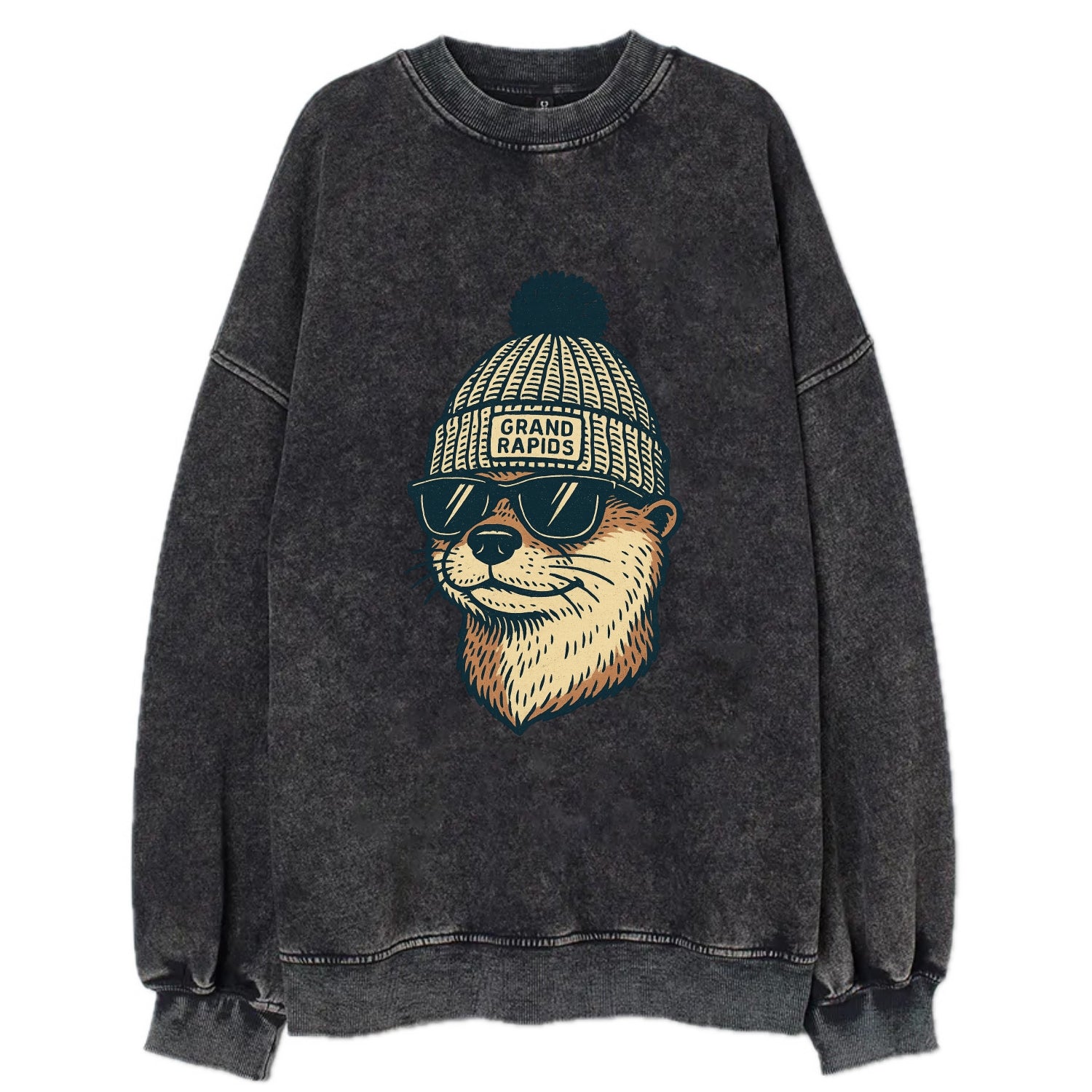 Grand Rapids River Otter wearing Grand Rapids beanie with pom pom and wayfarer - Vintage Sweatshirt - Black