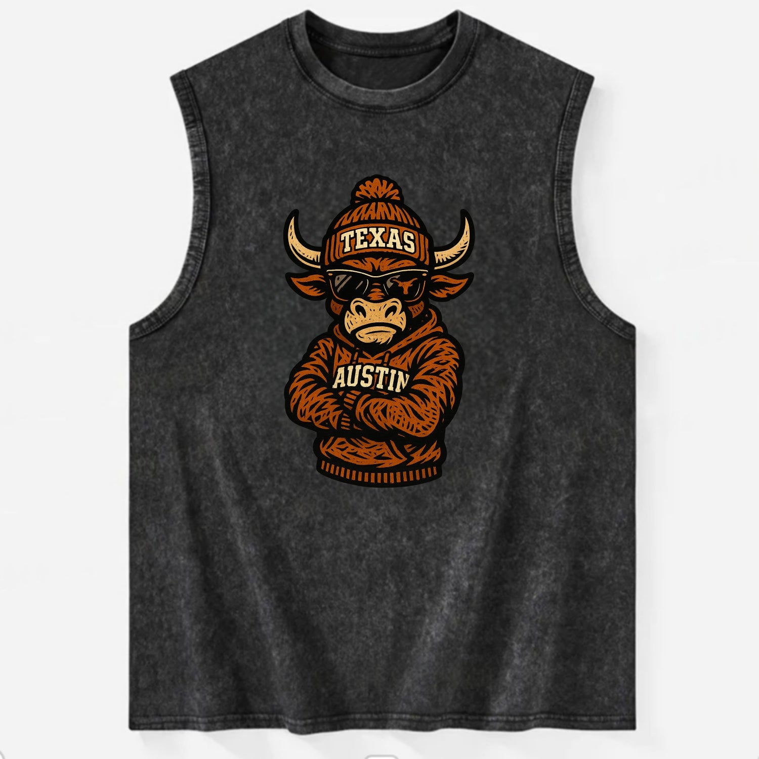 Austin Bevo wearing Texas beanie with longhorn patch - Vintage Washed Tank - Black