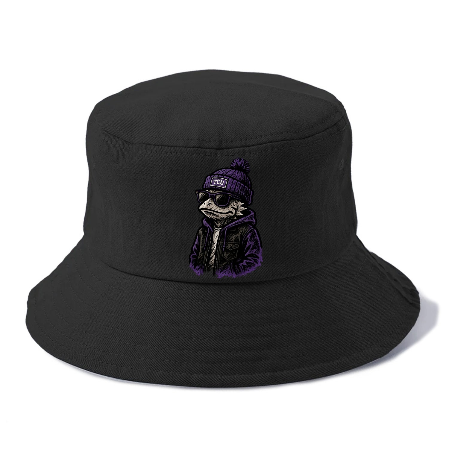 Fort Worth Frog wearing TCU beanie with horned patch - Bucket Hat - Black