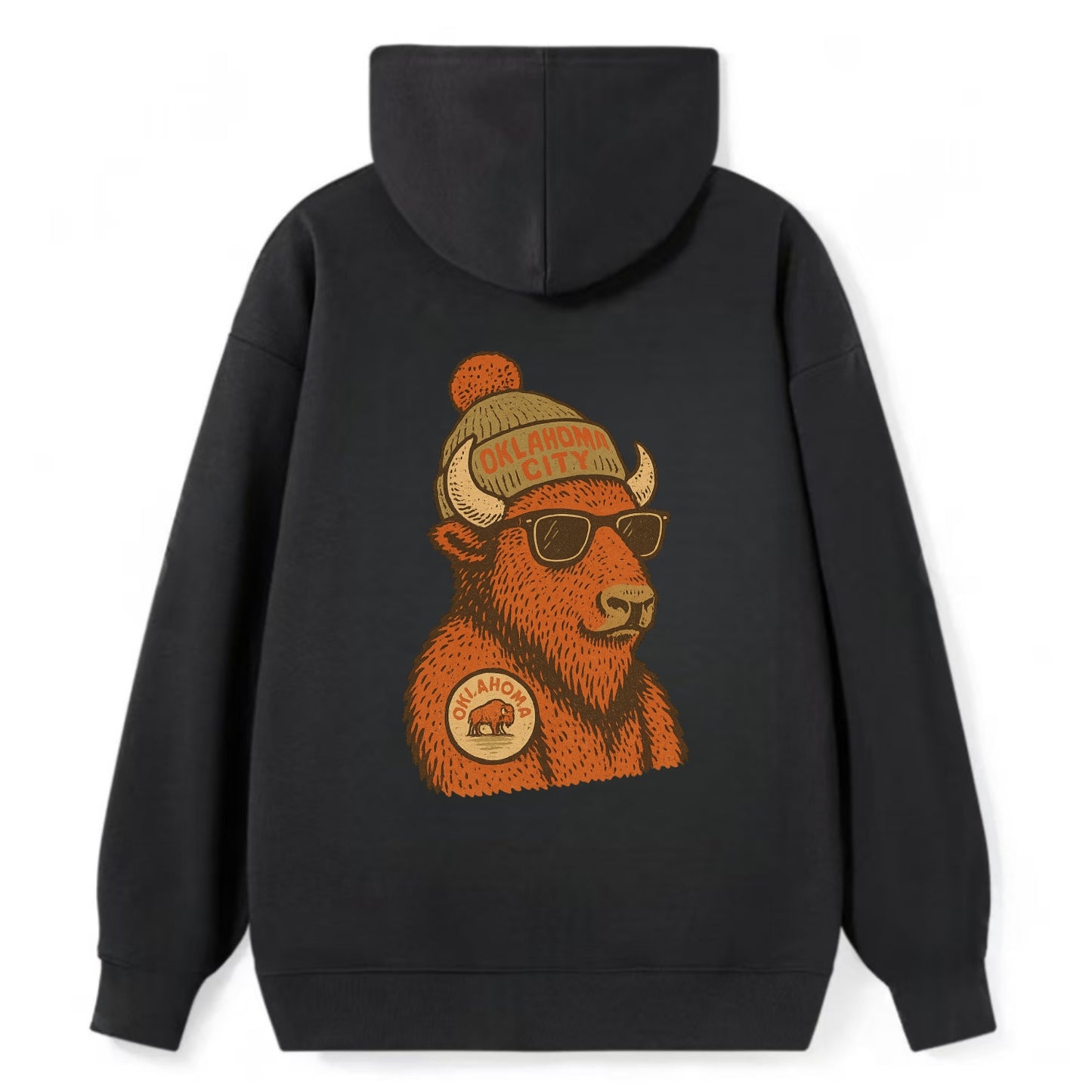 Oklahoma Buffalo wearing Oklahoma City beanie with pom pom and wayfarer - Classic Pullover Hoodie - Black