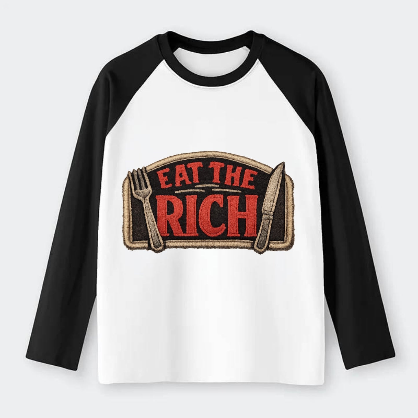 EAT THE RICH - fork and knife with text in red and silver , class war - Raglan Long Sleeve T-Shirt - Black