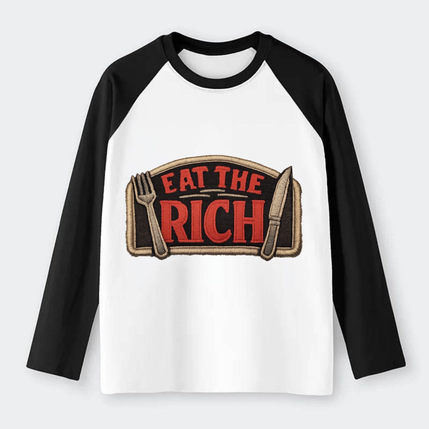 EAT THE RICH - fork and knife with text in red and silver , class war - Raglan Long Sleeve T-Shirt - Black
