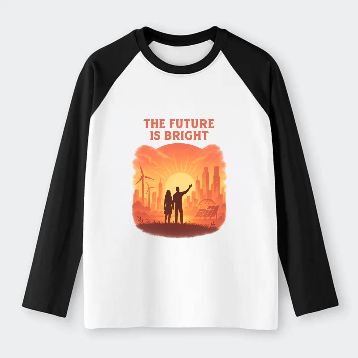 Sunrise over thriving sustainable city - "The Future is Bright" - - Raglan Long Sleeve T-Shirt - Black