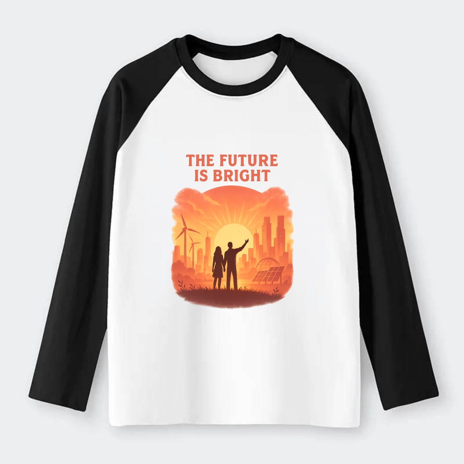 Sunrise over thriving sustainable city - "The Future is Bright" - - Raglan Long Sleeve T-Shirt - Black