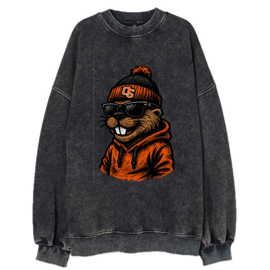 Corvallis Beaver wearing Oregon State beanie with OS patch - Vintage Sweatshirt - Black