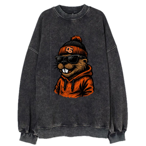 Corvallis Beaver wearing Oregon State beanie with OS patch - Vintage Sweatshirt