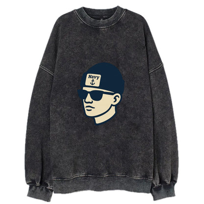 Annapolis Midshipman wearing Navy beanie with anchor patch - Vintage Sweatshirt - Black