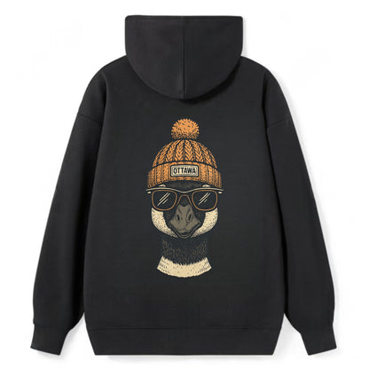 Ottawa Canadian Goose wearing Ottawa beanie with pom pom and wayfarer - Classic Pullover Hoodie - Black
