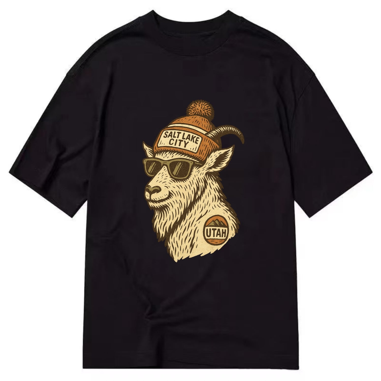 Utah Mountain Goat wearing Salt Lake City beanie with pom pom and wayfarer - Classic T-shirt - Black