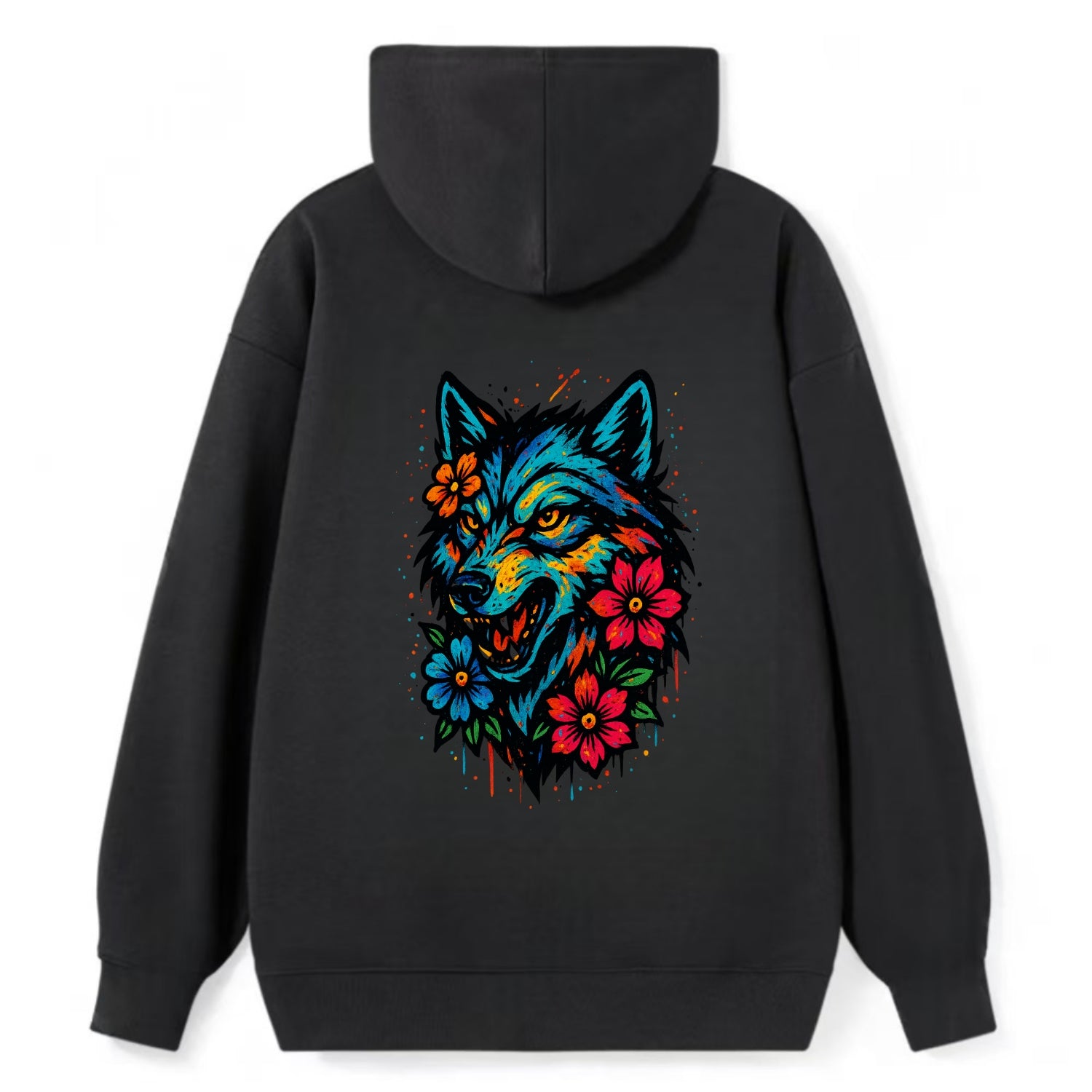 Floral Wolf Garden  - Classic Pullover Hoodie - Black