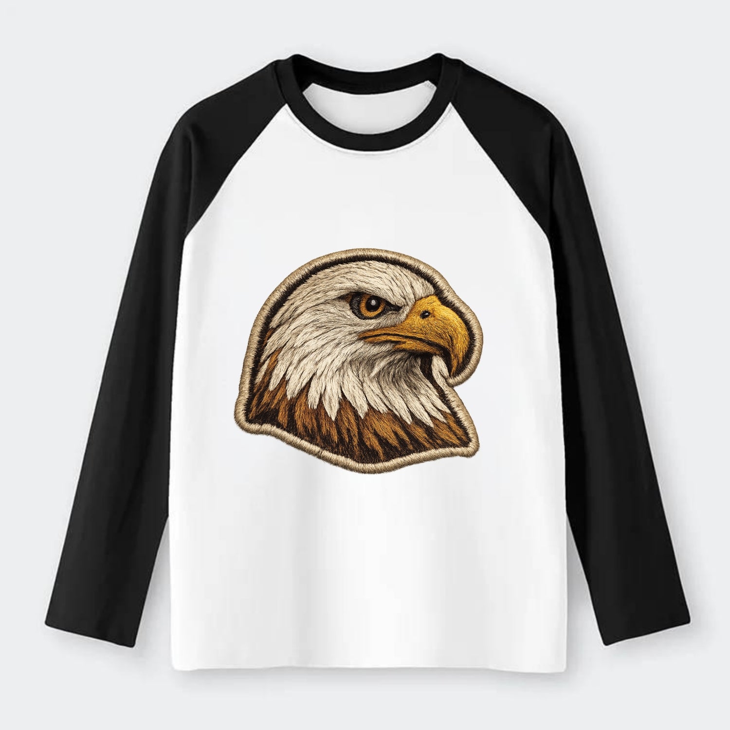 EAGLE HEAD PROFILE - majestic bald eagle in brown, white and gold , - Raglan Long Sleeve T-Shirt - Black