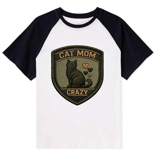 CAT MOM CRAZY - cat silhouette with hearts in purple , cat lady - Contrast Raglan T-shirt