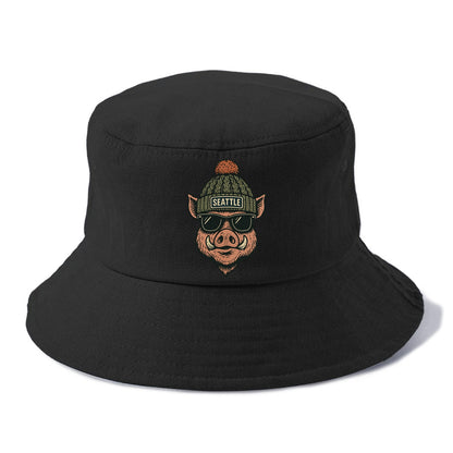Washington Hog wearing Seattle beanie with pom pom and wayfarer sunglasses - Bucket Hat - Black