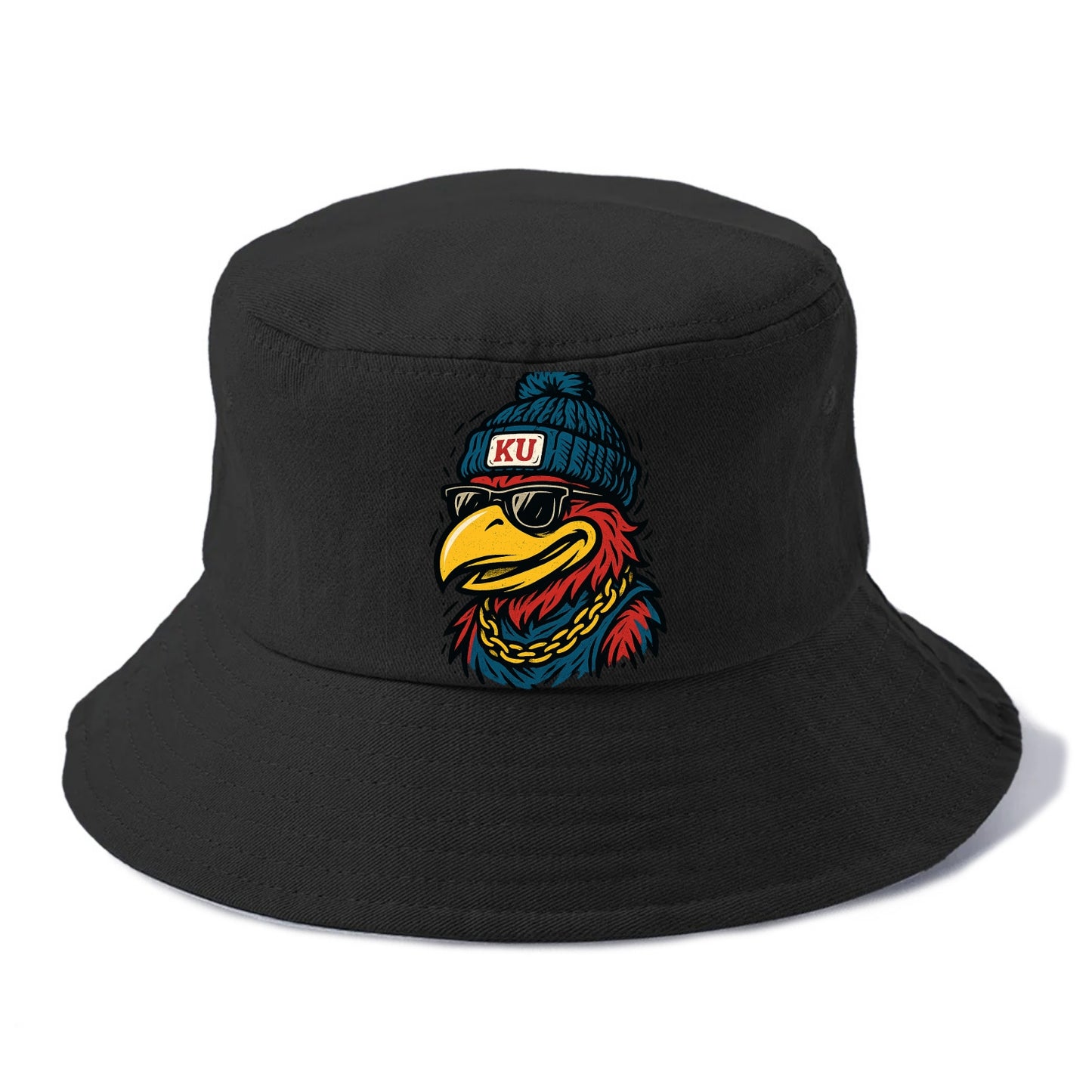 Lawrence Jayhawk wearing Kansas beanie with KU patch - Bucket Hat - Black