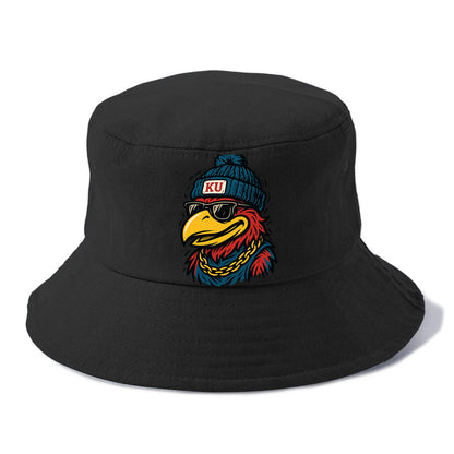 Lawrence Jayhawk wearing Kansas beanie with KU patch - Bucket Hat - Black