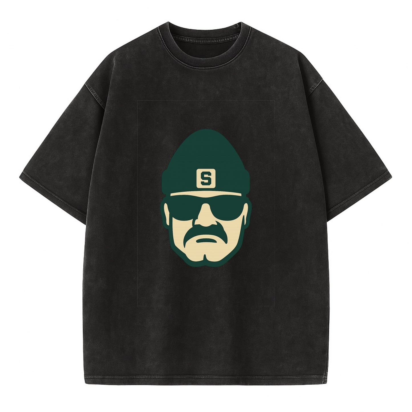 East Lansing Spartan wearing Michigan State beanie with S patch - Vintage T-shirt - Black