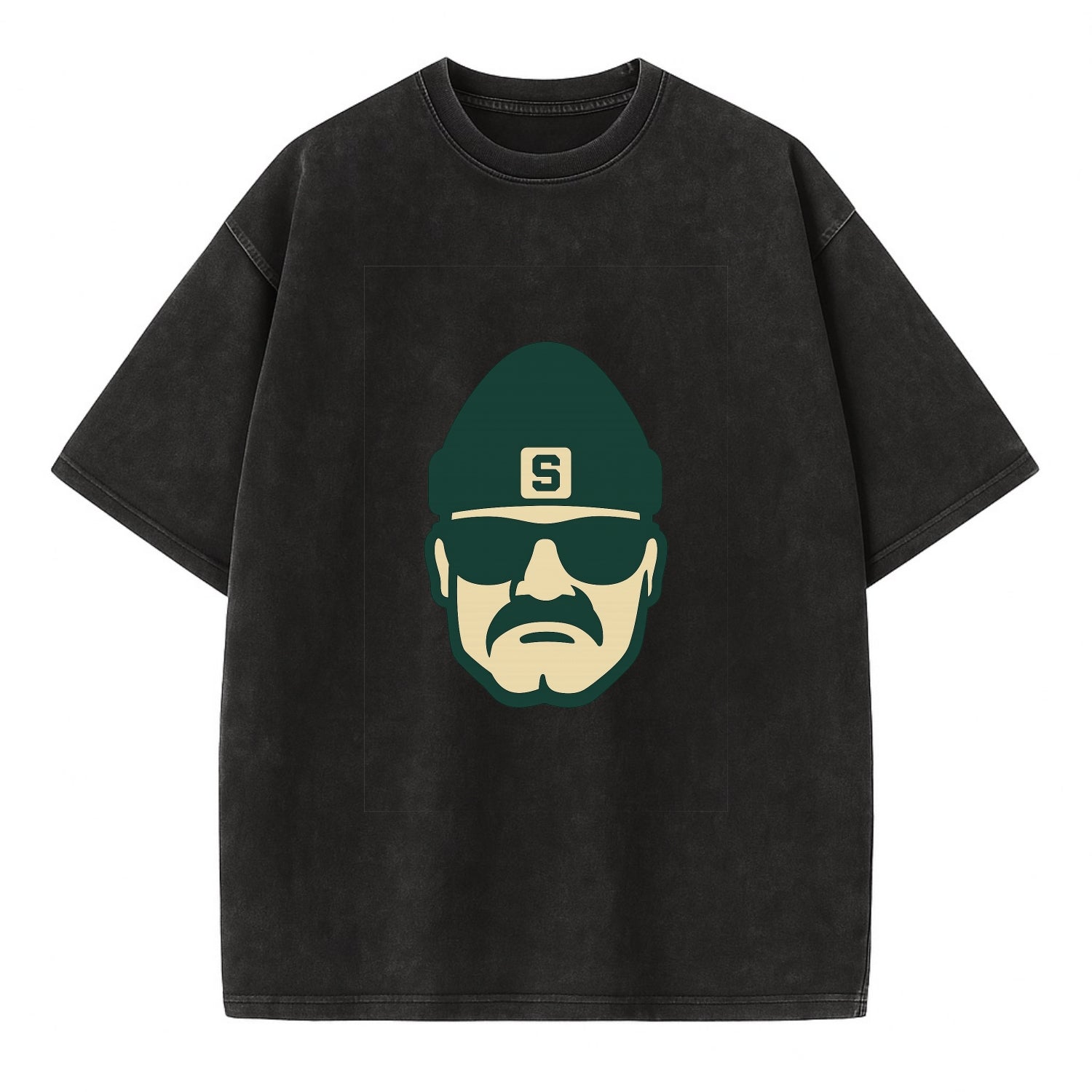 East Lansing Spartan wearing Michigan State beanie with S patch - Vintage T-shirt - Black