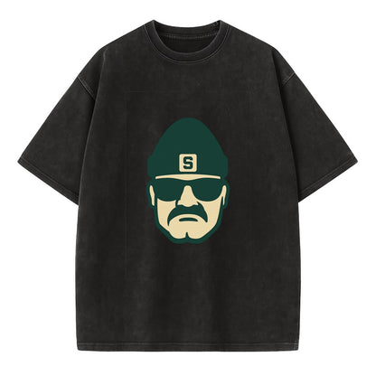 East Lansing Spartan wearing Michigan State beanie with S patch - Vintage T-shirt - Black