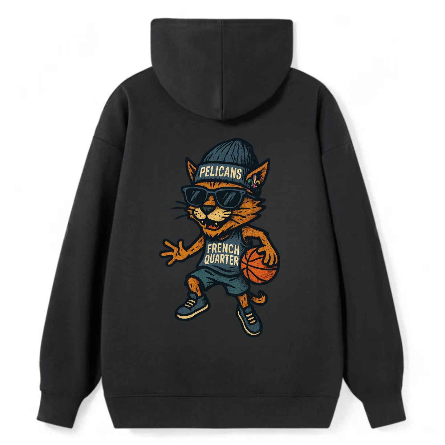 French Quarter Cat wearing Pelicans beanie with Mardi Gras patch and - Classic Pullover Hoodie - Black
