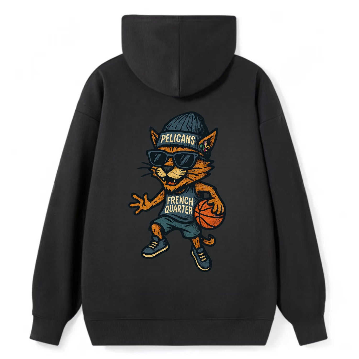 French Quarter Cat wearing Pelicans beanie with Mardi Gras patch and - Classic Pullover Hoodie - Black