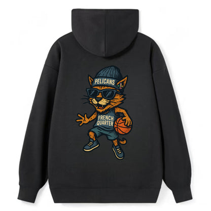 French Quarter Cat wearing Pelicans beanie with Mardi Gras patch and - Classic Pullover Hoodie - Black