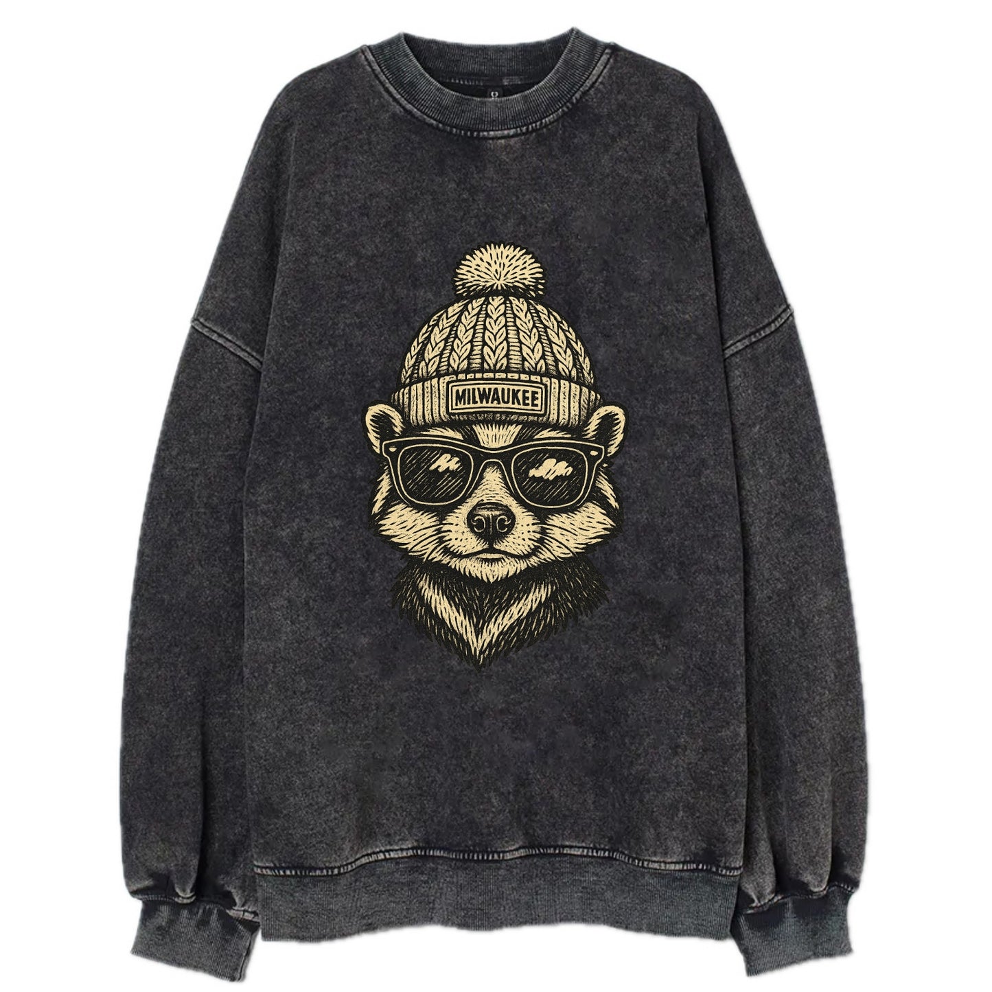 Wisconsin Badger wearing Milwaukee beanie with pom pom and wayfarer sunglasses - Vintage Sweatshirt - Black