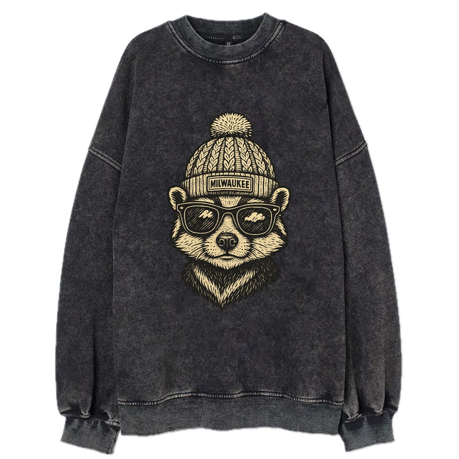 Wisconsin Badger wearing Milwaukee beanie with pom pom and wayfarer sunglasses - Vintage Sweatshirt - Black