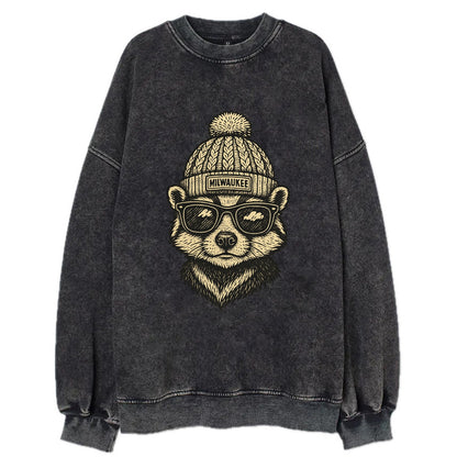 Wisconsin Badger wearing Milwaukee beanie with pom pom and wayfarer sunglasses - Vintage Sweatshirt - Black
