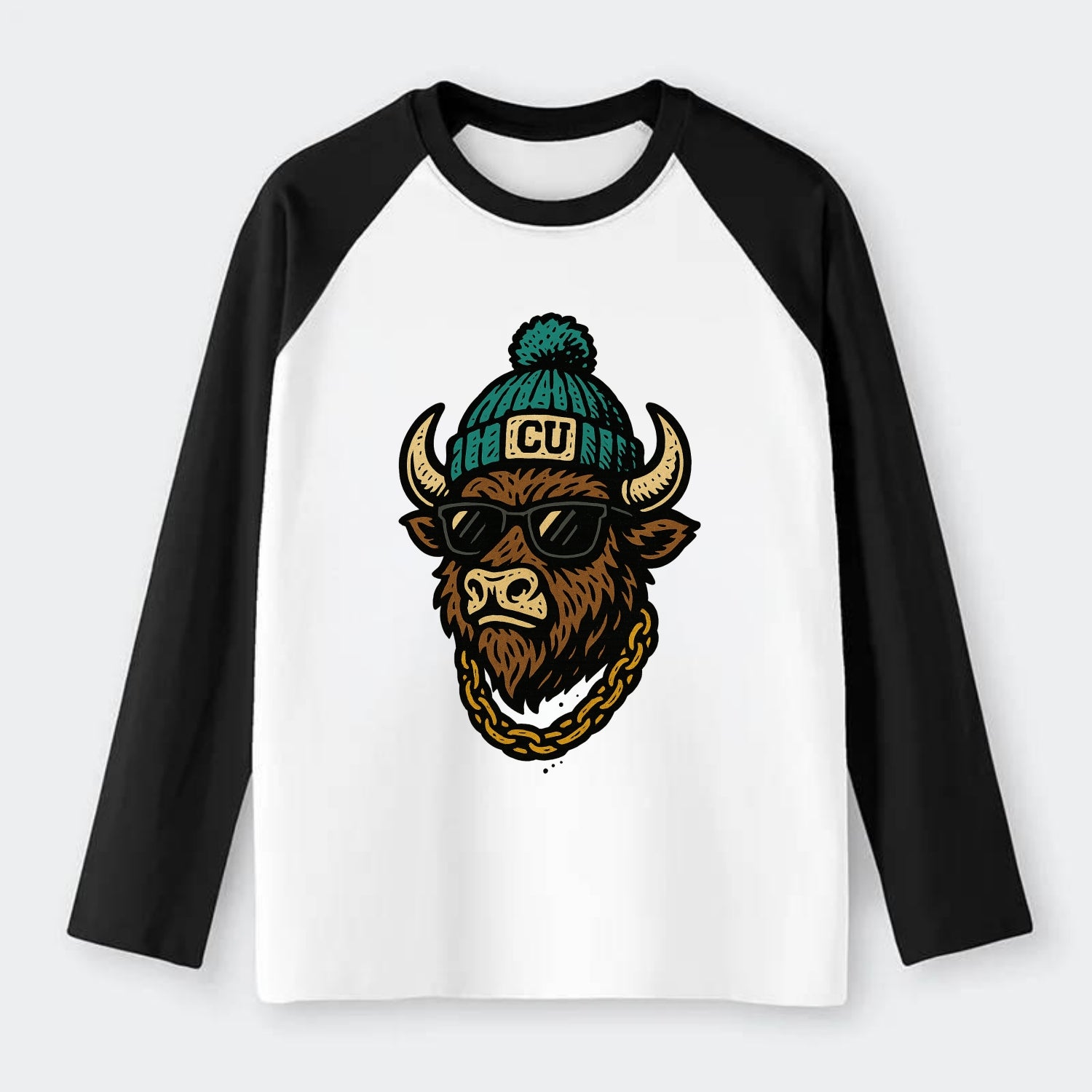 Boulder Ralphie wearing Colorado beanie with CU patch - Raglan Long Sleeve T-Shirt - Black