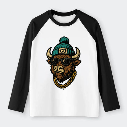 Boulder Ralphie wearing Colorado beanie with CU patch - Raglan Long Sleeve T-Shirt - Black