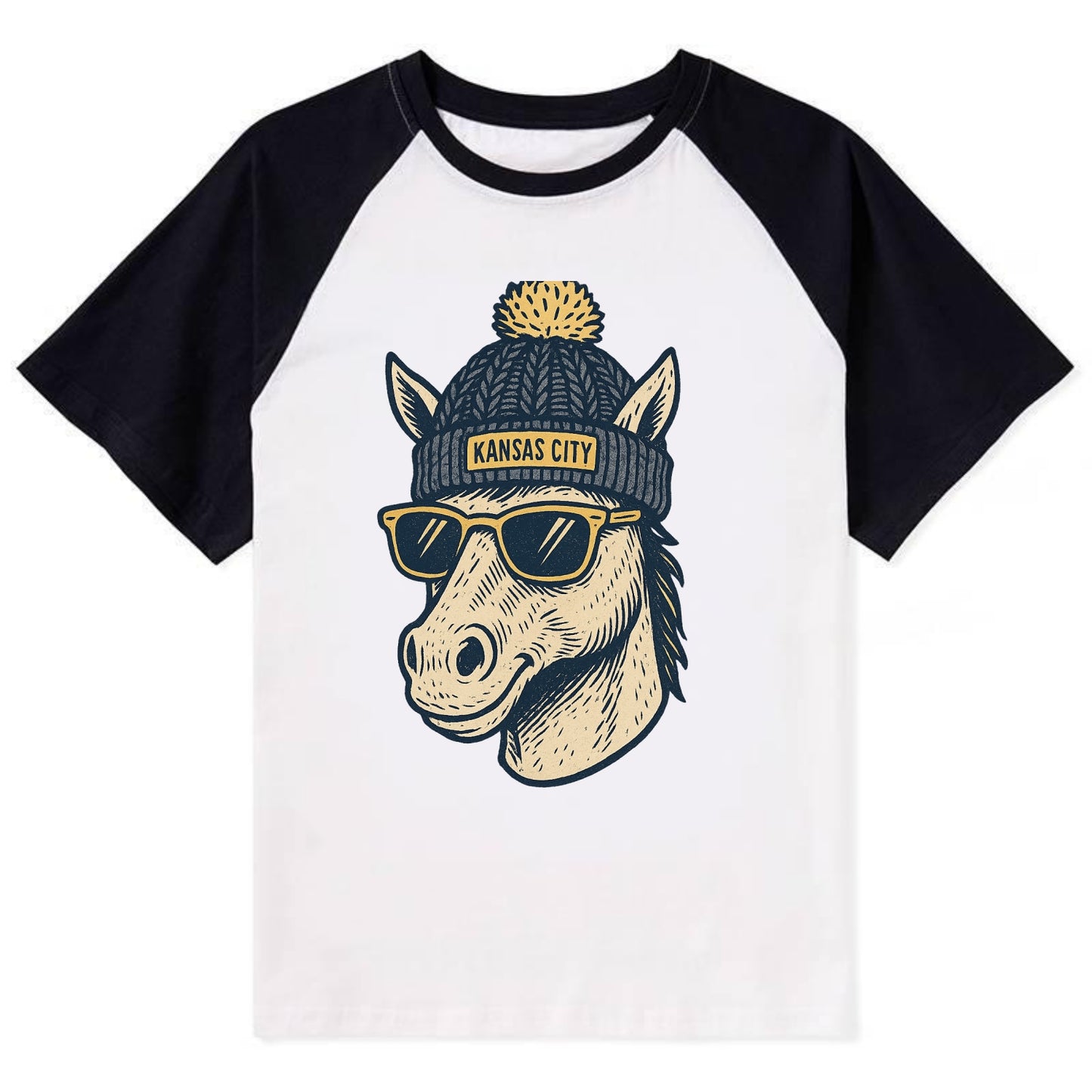 Missouri Mule wearing Kansas City beanie with pom pom and wayfarer - Contrast Raglan T-shirt - Black
