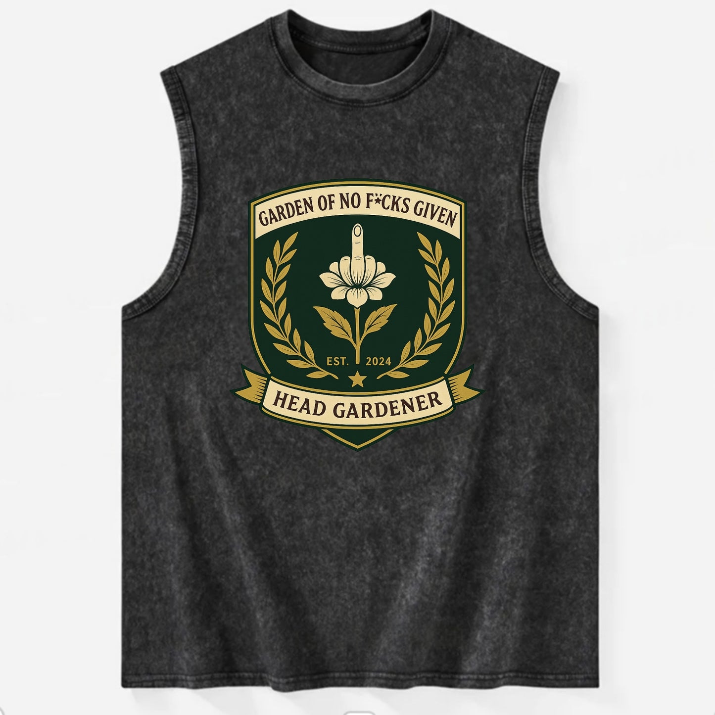 Shield with middle finger flower - "Garden of No F*cks Given - Head Gardener" - Vintage Washed Tank - Black