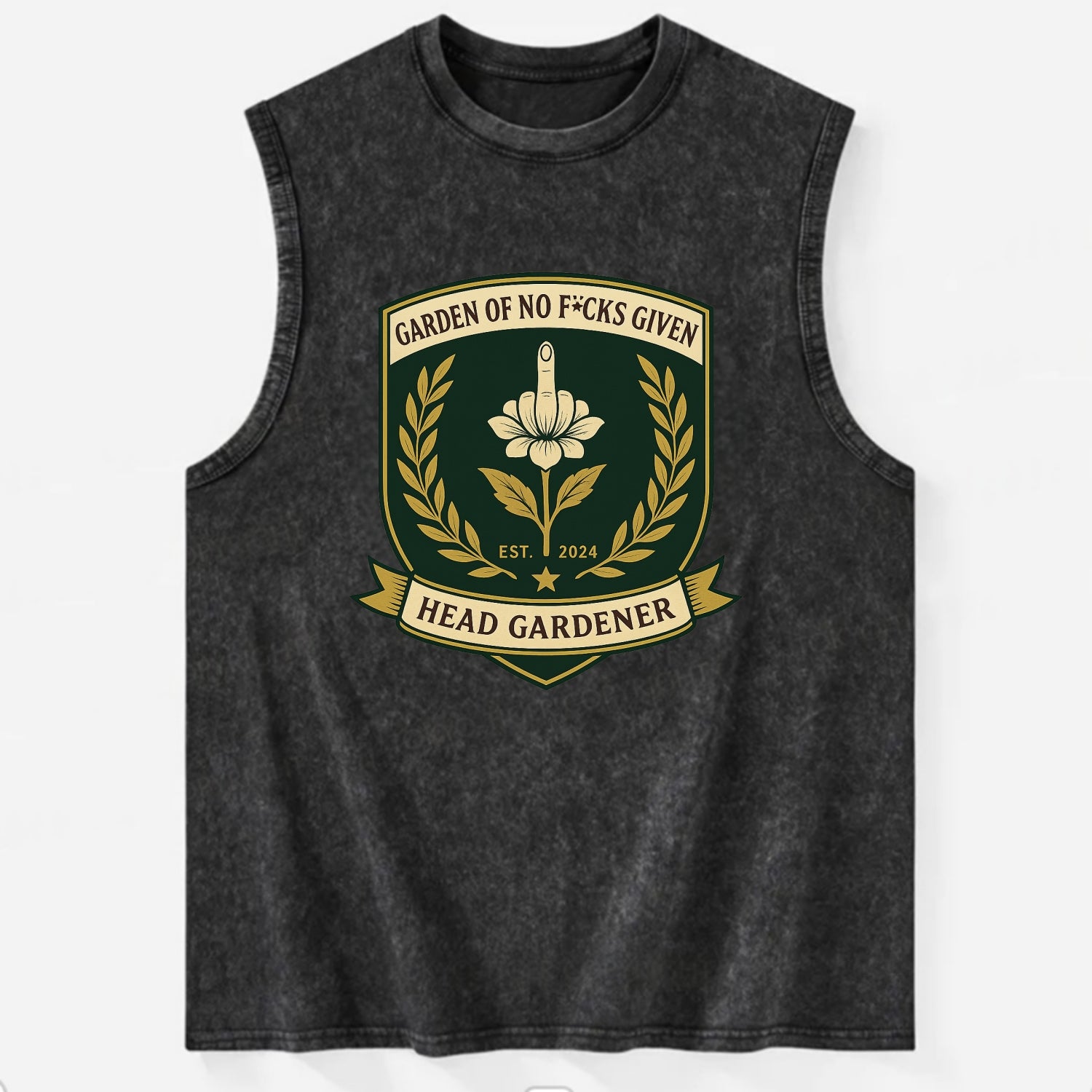 Shield with middle finger flower - "Garden of No F*cks Given - Head Gardener" - Vintage Washed Tank - Black