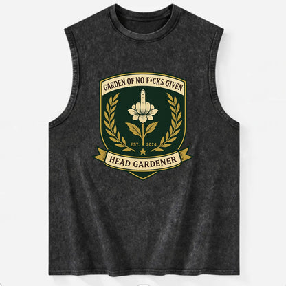 Shield with middle finger flower - "Garden of No F*cks Given - Head Gardener" - Vintage Washed Tank - Black
